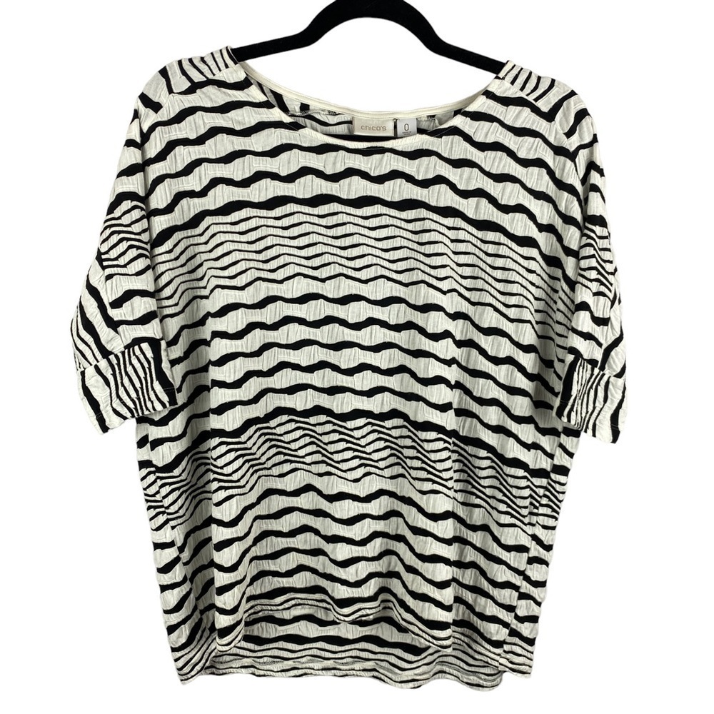 Chicos White Black Striped Short Sleeve Rayon Blend Top Small